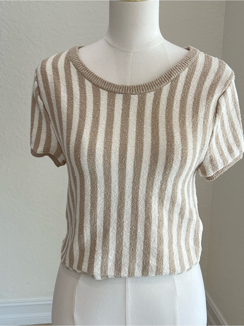 Striped Short-Sleeve Crop Top in Cream and Tan